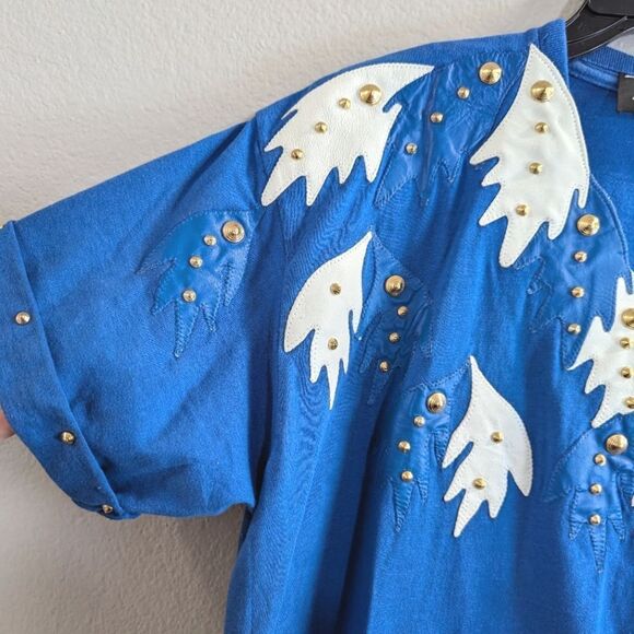 Phillip Noel blue white leather embellished studded vintage tunic T-shirt top OS - Picture 3 of 8